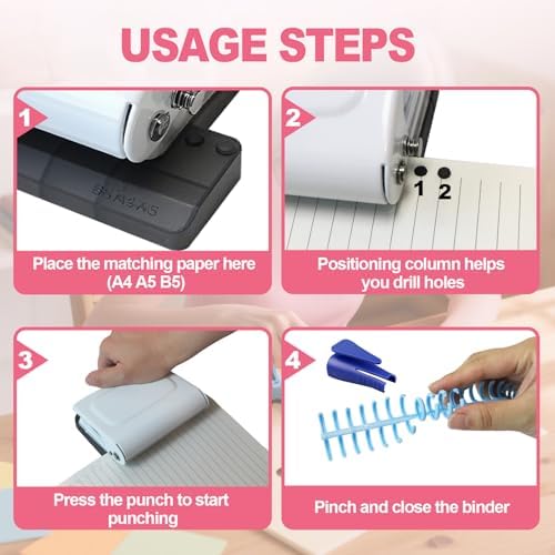 10 Hole Punch Binding Machine for Planner, Manual Binding System with 10 Multi-Color Binder Rings for Making 26 Holes on B5, 30 Holes on A4, 20 Holes on A5 Book, 10 Sheet Capacity - White - Image 4