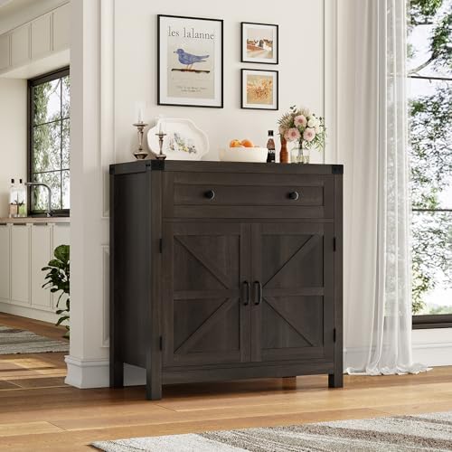 HOSTACK Kitchen Storage Cabinet, Farmhouse Coffee Bar Cabinet, Dark Brown - Image 4