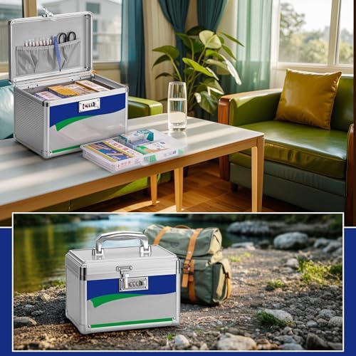 Medicine Storage Box with Code, Empty First Aid Box with Size 10 * 6 * 6.7”, Safe Medication Storage Organizer for Home, Outdoor, Dorm- Silver - Image 6