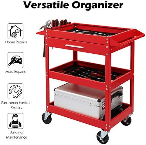 TUFFIOM 3 Tier Rolling Tool Cart on Wheels with Drawer, 330 LBS Capacity, Heavy Duty Commercial Utility Tool Service Cart, Tool Organizer for Mechanic, Garage, Warehouse & Repair Shop - Image 4