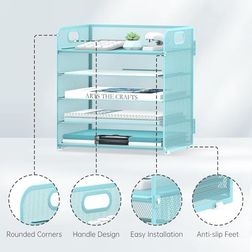 2 Pack 5-Tier Blue Desk Organizer with Handle Mesh Desk File/Paper Organizer Letter Tray for Office, School and Home Easy Installation - Image 3