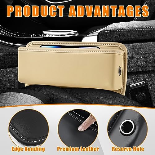 Ziciner Car Seat Gap Organizer, Premium Leather Auto Seat Storage Box, Vehicle Adjustable Front Seat Gap Filler, Car Seat Side Pocket Organizer for Phones, Glasses, Keys, Money, Cards (Beige) - Image 3