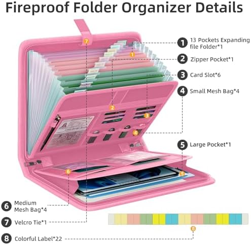 Fireproof Accordion File Organizer, Expanding File Folder with 13 Pockets - Image 3