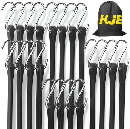 KJE 20Pack (10'', 15", 21", 31") Rubber Bungee Cords with S Hooks - Heavy Duty Black Bungee Straps, EPDM - Load 180 lbs, Outdoor Tie Downs, Securing Tarps & Canvases & Cargo in Cold Hot Climates by KJE