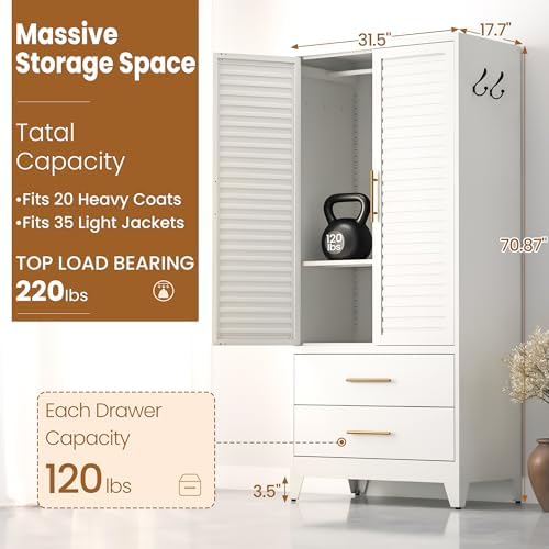 Metal Armoire Wardrobe Closet, 71" Clothing Storage Cabinets with Adjustable Hanging Rod and Shelves , Louvered Doors, 2 Side Hooks & 2 Drawers - Closet Cabinet for Bedroom, Laundry Room, Cloak Room - Image 2