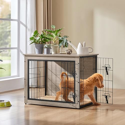 Yaheetech 32in Wooden Dog Crate Furniture w/Cushion for Medium Dogs, Gray - Image 3