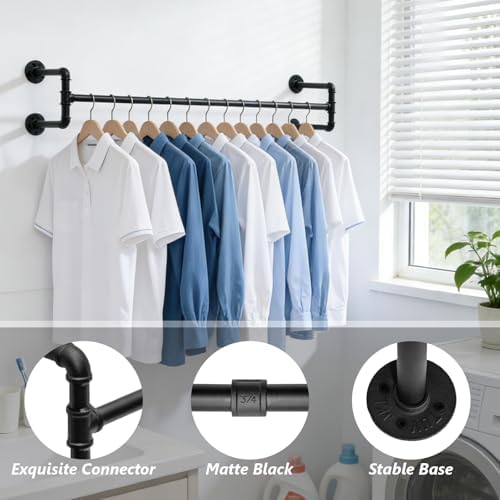 Industrial Pipe Clothing Rack, 53.1 Inch Wall Mounted Clothes Rack, Space-Saving Detachable Heavy Duty Garment Rack for Hanging Clothes, Closet Rod for Laundry Room, 4 Base - Image 2
