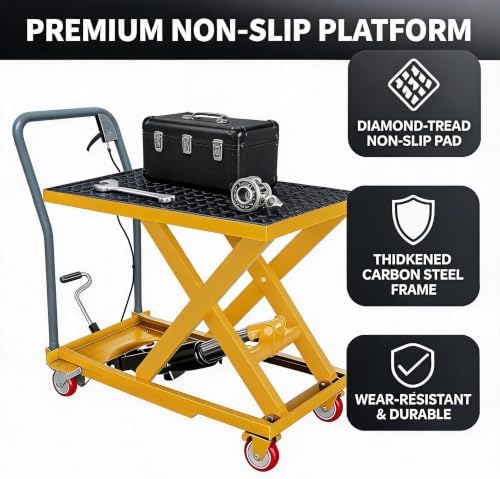 500 LBS Manual Hydraulic Double Scissor Lift Table Cart, Max 28.5 Inch Lifting Height, Reinforced Welded Steel Frame, Anti-Overload Hydraulic Unit, Non-Slip Rubber Platform Mat - Image 6