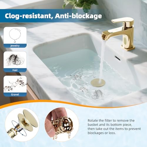 Hibbent Upgraded 3 in 1 Bathroom Sink Drain Strainer, Pop Up Sink Stopper with Big Push Cap, Anti-Clogging Metal Filter Basket,Sink Plug with Hair Catcher for 1.1''~2.36'' Basin, Brushed Gold - Image 2