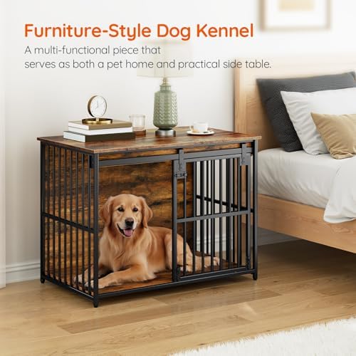 HOOBRO Dog Crate Furniture, 36.6" Heavy Duty Dog Kennel with Sliding Barn Door, Wooden Dog Cage Indoor, Decorative Side End Table for Small/Medium Dogs, Rustic Brown and Black FG162GW03G1 - Image 5
