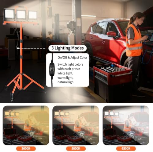 30000LM LED Work Light with Stand and Wheels 3-Head Dimmable for Garage Workshop IP66 - Image 3