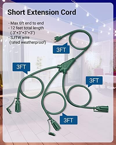 DEWENWILS 12FT (3'+3' *3) Outdoor Extension Cord, 1 to 3 Splitter, Green - Image 3