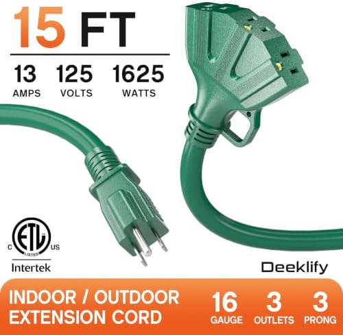 15FT 16 Gauge Green Outdoor Extension Cord with Multiple Outlets - Image 2