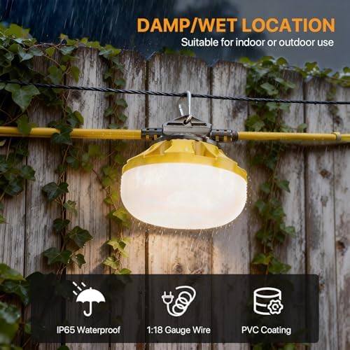 LED Construction String Lights: 50FT IP65 Waterproof ETL Certified Crawl Space Lights - 5000lm 18AWG Wire Linkable Temporary Construction Lighting for attic Lights with 5 Bulbs & Hooks - Image 7