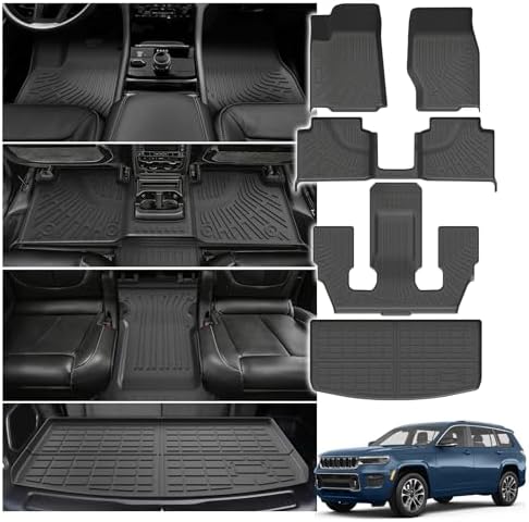 Powerty Floor Mats Cargo Liner for Jeep Grand Cherokee L 2021-2025(6-Seater w/o 2nd Row Center Armrest Only) All Weather 3D TPE Anti-Slip Car Protection, 1st & 2nd Row Set with Cargo Mat Accessories by Powerty