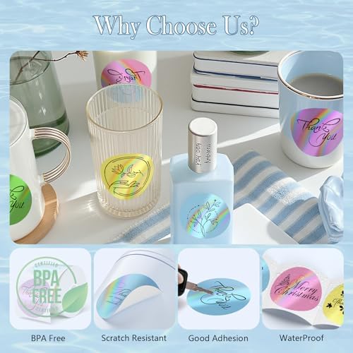 2-Inch Round Holographic Thermal Sticker Labels, with Rainbow Wave and Glitter Deign, Suitable for Every Tags, Custom DIY Logo Applications, 5 Colors, (200Pcs/Roll) - Image 4