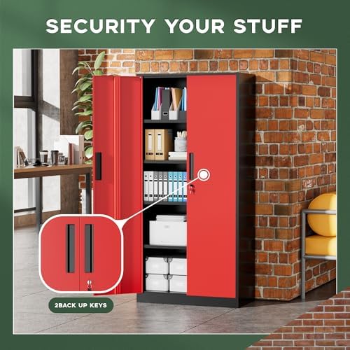 Greenvelly Metal Garage Storage Cabinet, 72" Black Red Tool Steel Locking Cabinet with Doors and 4 Shelves, Tall Cabinets for Garage Storage Systems Lockable File Cabinet for Home Office,Garage - Image 7