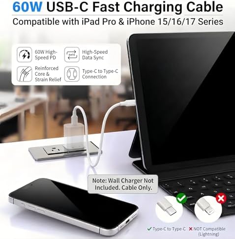 TZBAY 4-Pack (6ft 6ft 10ft 10ft) 60W USB C to USB C Fast Charging Cable - Image 4