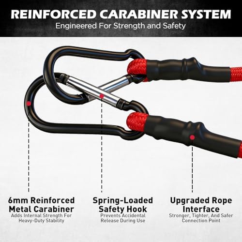 5-Piece 24 Inch Bungee Cords with Carabiner Hooks, Heavy Duty Rubber Elastic Tie Down Straps, Bungee Cord with Carabiner Clips for Cargo, Truck Bed, Camping, Motorcycle and Outdoor Use (Red) - Image 3