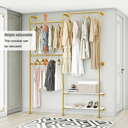 KaKaBB Gold Pipe Clothing Rack, Double Hanging Rods Clothes Rack with Shelves, Heavy Duty Wall Mounted Clothes Rack for Wardrobe, Bedroom, and Walk-in Closet System(Gold) - Image 6