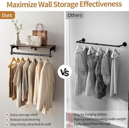 Luxspire 28.7" Wall Mount Clothes Rack with Wood Top Shelf Hanging Clothes - Image 3