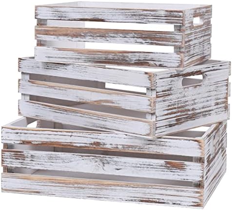Large Size Wood Crates For Storage,Decorative Vintage White Wooden Crates For Display,Handmade Solid Wood Boxes,Set Of 3 Rustic White Wooden Crate. (vintage white) by SENRYEE