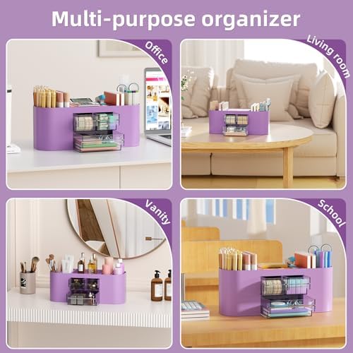 Marbrasse Pen Holder for Desk with 3 Drawers, Multi-Functional Pencil Holder, Desk Organizers and Accessories with 7 Compartments for Home, School, Classroom (Purple) - Image 6