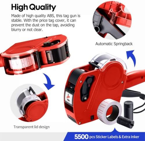MX5500 Pricing Tag Gun with 5500 pcs White Label Gun Stickers & 3 Extra Inker Rollers, Pricing Label Gun, 8 Digits Retail Pricing Gun and Labels for Grocery Store, Food (Red) - Image 7