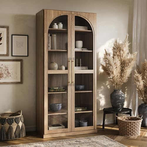 BELLEZE Modern Wood Wine Curio Cabinets with 4 Adjustable Shelves, 67" Storage Cabinet, 6 Shelf Glass Bookshelf Display Cabinet, Trophy Display Case for Living Room, Wine, Camel by BELLEZE