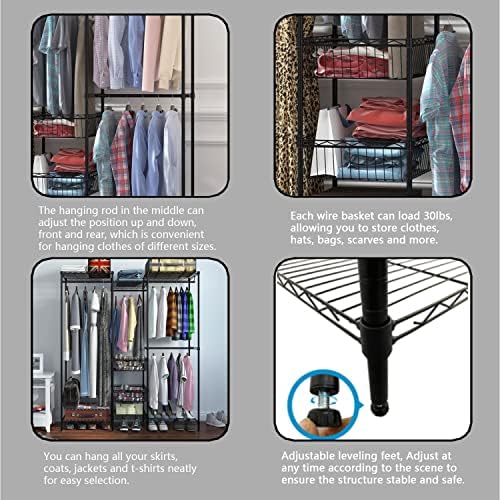 Xiofio 6 Tiers Heavy Duty Clothes Rack with Hanging Rods,Metal Garment Rack,Adjustable Shelves & 2 Slid Storage Baskets,65.0" L x 15.7" W x 76.0" H,Max Load 800LBS,Black - Image 5