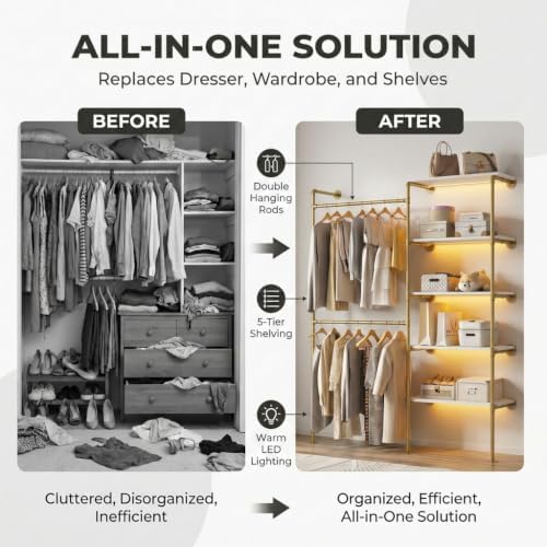 Industrial Pipe Clothing Rack with LED Lights& Shelves, Gold - Image 6