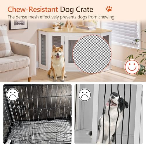 MAHANCRIS Corner Dog Crate Furniture, Wooden Dog Kennel End Table, Decorative Pet Crate Indoor Use, Furniture Style Dog House for Small Medium Dog, Dog Cage TV Stand, White and Natural DCBN0801 - Image 5