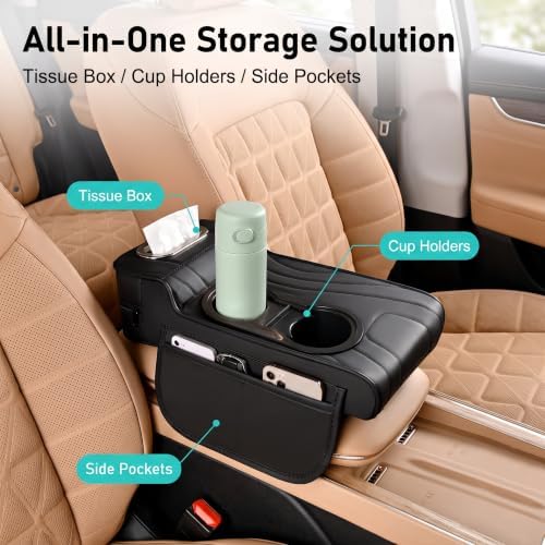 Car Armrest Cushion, Premium Center Console Organizer, Memory Foam Car Center Console Cover with Adjustable High & Low Cup Holders, Tissue Box & Storage Pockets, Fit for Most Cars (Black) - Image 3