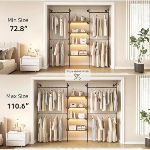 Expandable Industrial Pipe Clothing Rack with LED & Shelves - Image 5