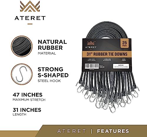 ATERET Rubber Bungee Cords with Hooks I 31 Inch, 47" Max Stretch I Heavy-Duty Black Tie Down Straps for Outdoor, Tarp Covers, Canvas Canopies, Motorcycle, and Cargo, Pack of 25 - Image 2