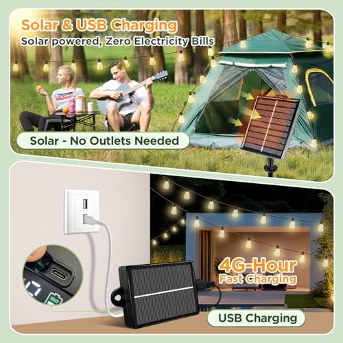 Solar String Lights Outdoor Waterproof with Remote & Timer, LED Shatterproof ST38 Bulbs, USB & Solar Powered Patio Lights for Backyard, Porch, Garden, Wedding, Christmas Decor (66FT) - Image 2