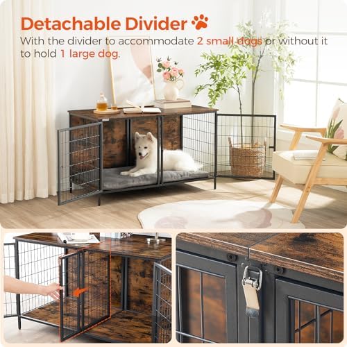 MAHANCRIS Dog Crate Furniture for 2 Dogs, 43.3" Dog Kennel with Removable Divider, Heavy Sturdy Dog Furniture Style Double Cage for Small Medium Dog, Indoor Pet House End Table, Rustic Brown DCHR1201 - Image 4