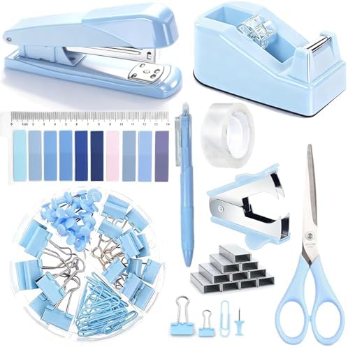 Office Supplies,Blue Desk Accessories,Stapler and Tape Dispenser Set with Stapler,Tape Dispenser,Staple Remover,Staples,Clips,Scissors and Tabs,Gift for Student,Teacher,Coworkers,Business,Gift 9pcs by musejoy