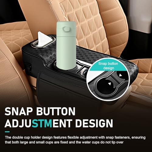 Car Center Console Cover, Microfiber Leather Car Armrest Cover Cushion with 2 Storage Bags, Cup Holders, Tissue Box Slot, Universal Car Armrest Storage Box for Most Vehicles (Black) - Image 6