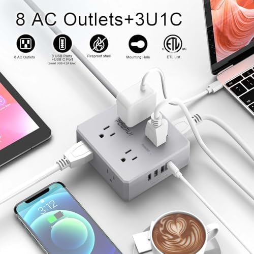 Surge Protector Power Strip - 6 Ft Flat Plug Extension Cord with 8 Widely Outlets and 4 USB Ports(1 USB C), 3 Side Outlet Extender for Home Office, Grey, ETL Listed - Image 2