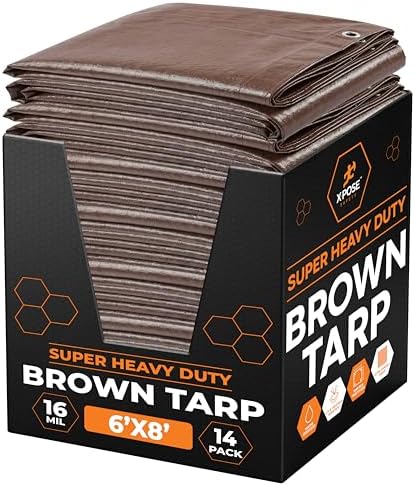 Xpose Safety Super Heavy-Duty 6' x 8' Brown Poly Tarp Bulk (14-Pack) - 16 Mil Waterproof & UV Resistant, Rip-Proof with Reinforced Edges & Grommets by XposeSafety