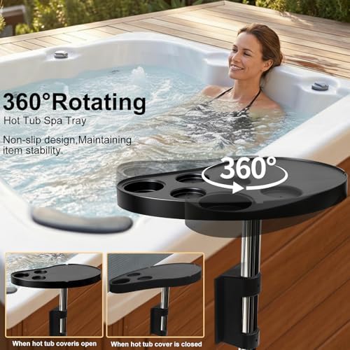 Hot Tub Tray Table with Cup Holders & Phone Holder, 360° Rotating Spa Side Table, Adjustable Hot Tub Side Table for Drinks, Snacks & Accessories, Waterproof Spa Tray - Image 3
