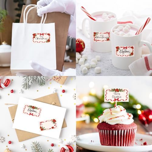 Whaline Christmas Floral Direct Thermal Labels Stickers Red Bow Poinsettia Flower Rectangle Self-Adhesive Printer Decals for Xmas DIY Candle Name Tag Logo Design, 500 Pcs - Image 6