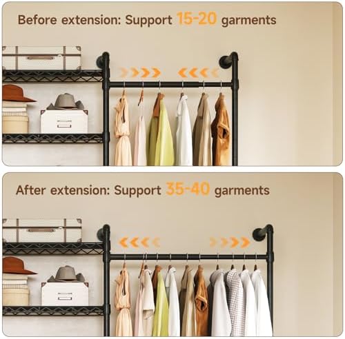 ONBRILL H2 Wall Mounted Clothing Rack, Expandable Industrial Pipe Clothes Rack Garment Racks for Hanging Clothes, Heavy Duty Closet Organizers and Storage in Closet System, Black - Image 5