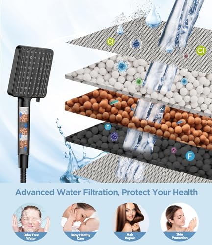 MakeFit Filtered Shower Head Black - 6 Modes High Pressure Handheld Shower Head with Filter Mineral Beads, Detachable Handheld Showerhead Set with Stainless Steel Hose and Shower Arm Bracket - Image 5