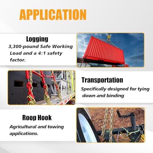 1/4" Tow Chain | WLL 3,300 Lbs | 12FT High Strength Chain G80 Heavy Duty Log Chain with Clevis Grab Hooks for Towing | Trailer Transport Safety Chain for Truck Tie Down Binding Equipment - Image 6
