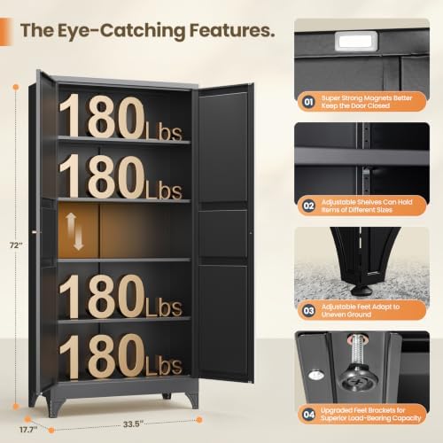 Yizosh Metal Storage Cabinet with 2 Doors and 4 Adjustable Shelves,- 72" Black Kitchen Pantry Storage Cabinet for Kitchen,Living Room,Dining Room - Image 3