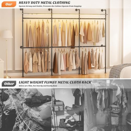Cyclysio 118.3" Industrial Pipe Clothing Rack with LED Lights and Shelves - Image 6