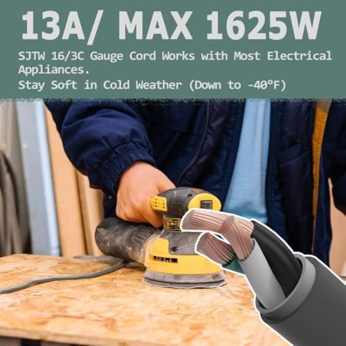 Indoor Outdoor Extension Cord 8 FT Waterproof, 16/3 Gauge Heavy Duty Gray Extension Cords, 13A 1625W SJTW Extension Cord with 3 Prong Grounded Plug, Great for Tools, Lights, UL Listed. - Image 6