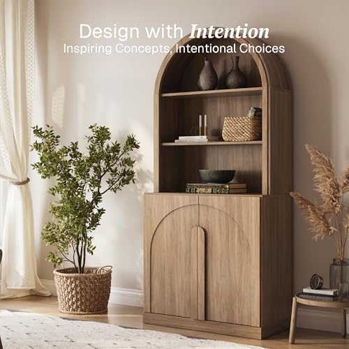 BELLEZE Arched Bookshelf with Storage, 71" Tall Wood Curio Display Cabinet with Adjustable Shelf, 5 Tier Modern Bookcase Shelf with Door for Living Room Office, Camel - Image 4